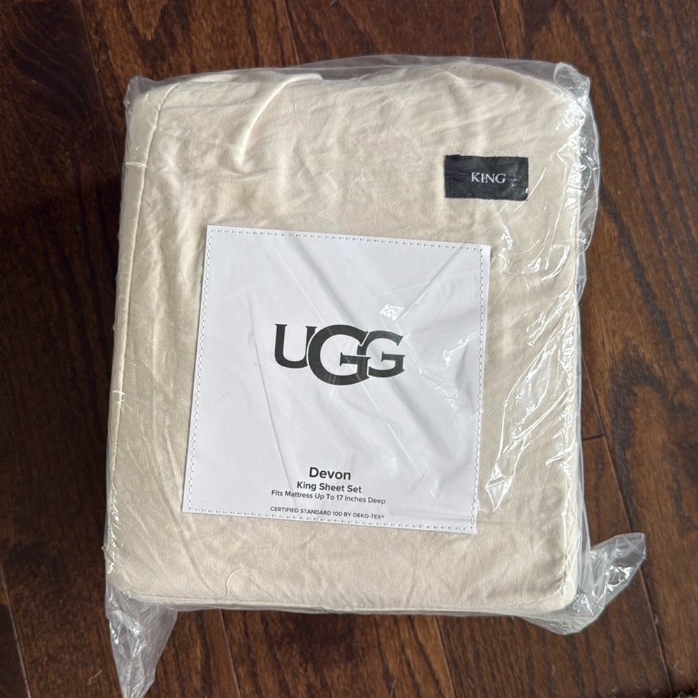 NIB UGG Devon King 4 Piece Sheet Set- Natural Parchment- Fits Mattress 17” Deep